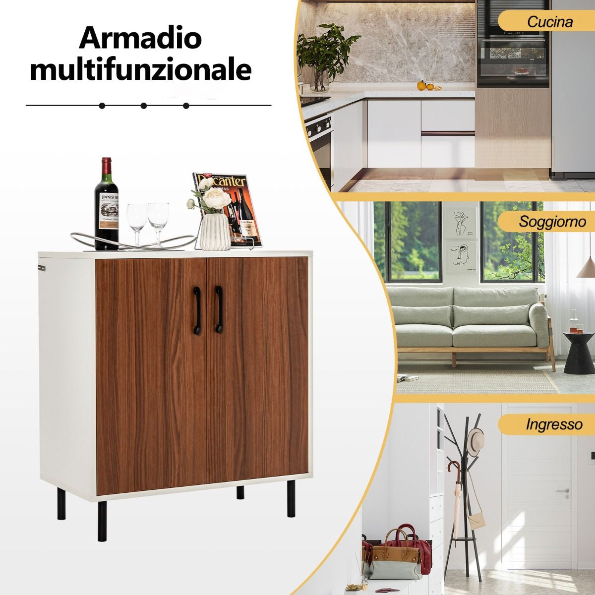 Credenza Cucina in Legno Con 2 Ante Ripiano Regolabile a 5 Posizioni, Mobile Buffet Portaoggetti Noce