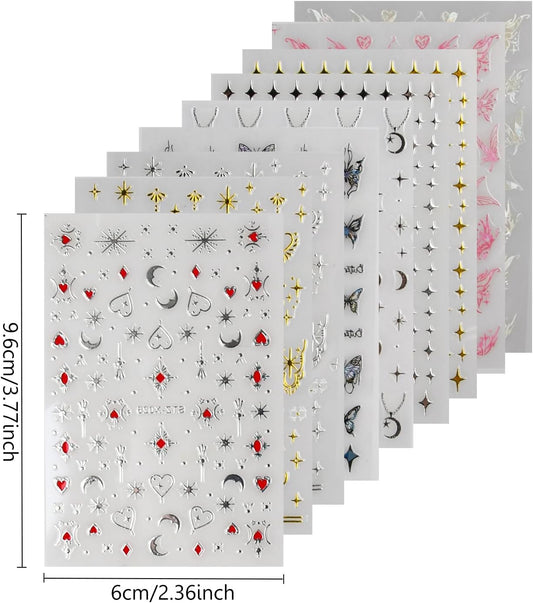 9 Fogli Adesivi Unghie, Stella Luna Sole Adesivi Oro Argento Nail Art, Laser Farfalle Stickers Unghie, Autoadesivi Decorazioni Unghie per Donna Ragazze Accessorio Nail Art Fai Da Te