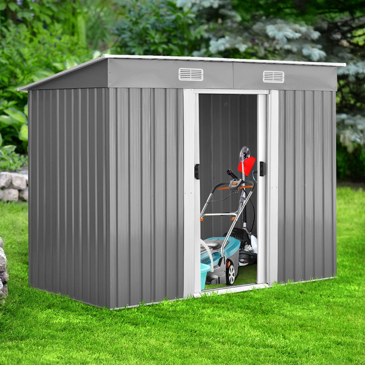Casetta Da Giardino in Metallo Con Ante Scorrevoli E Maniglie, Casetta per Attrezzi 238X128X181Cm Grigio