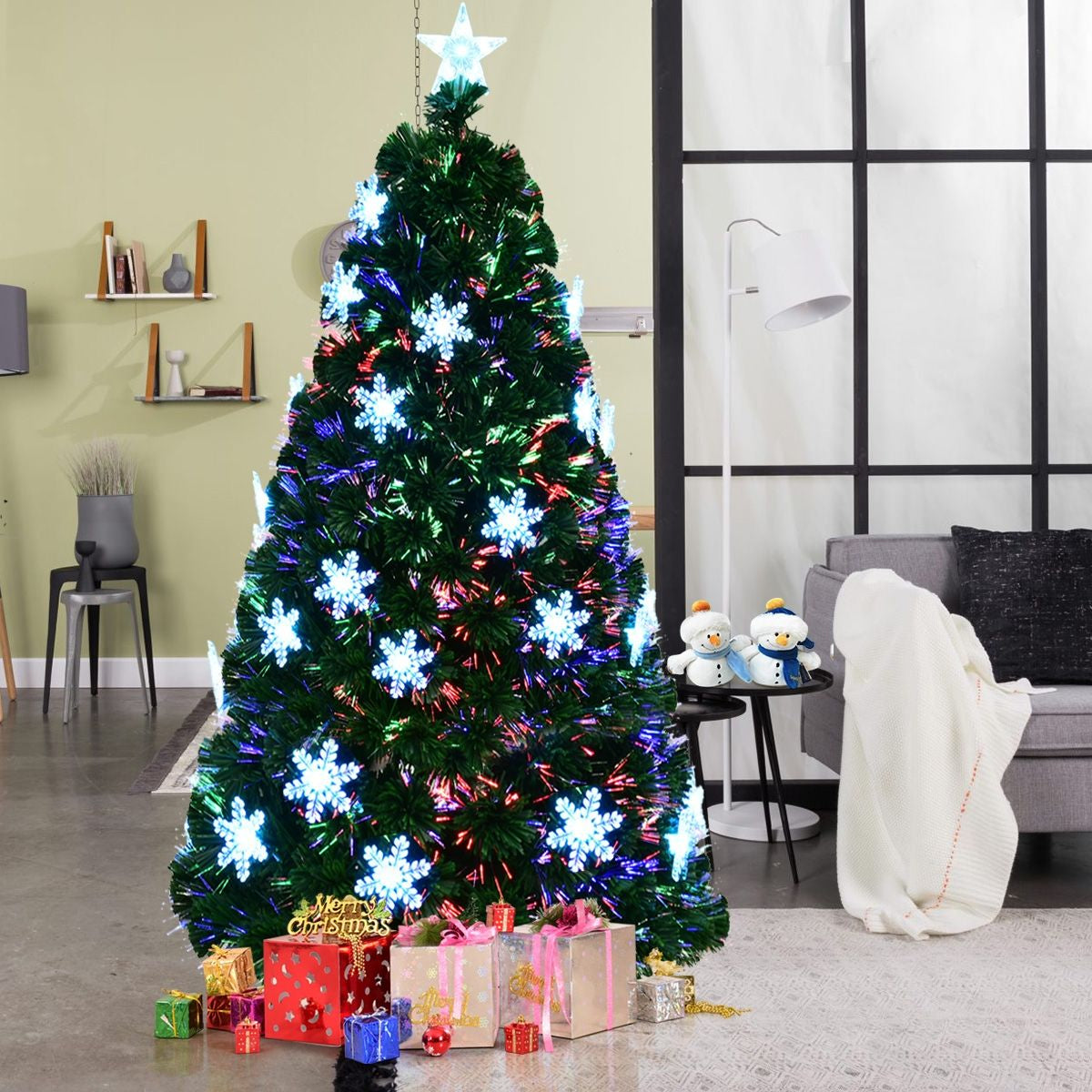 Albero Di Natale Artificiale 210Cm a LED Con Cambia Colori in Fibra Di Vetro Con 280 Rami, 40 Luci LED Fiocchi Di Neve E Stella