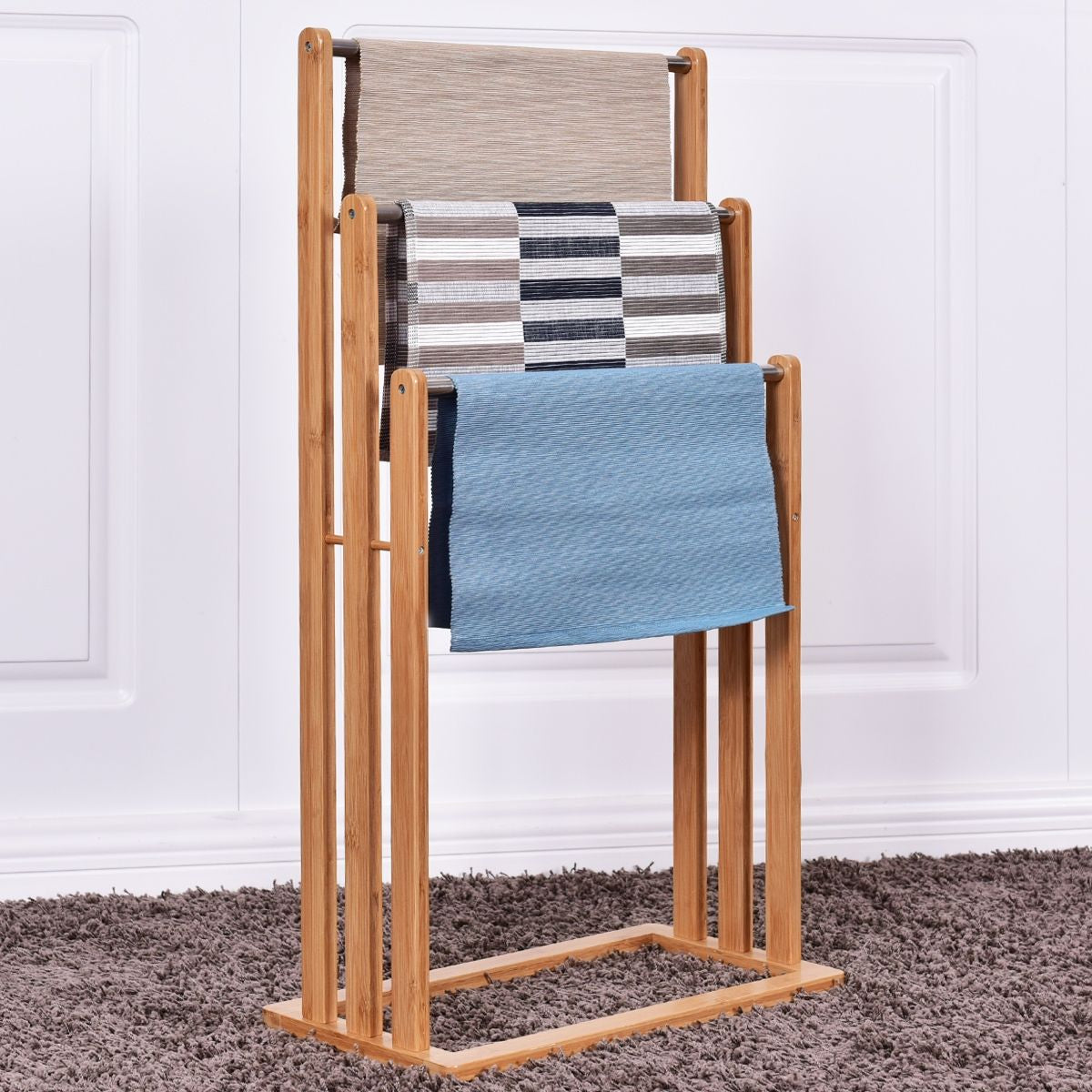 Porta Asciugamani in Legno Di Bambu Con 3 Barre in Acciaio Inox Da Terra 46X24X84Cm