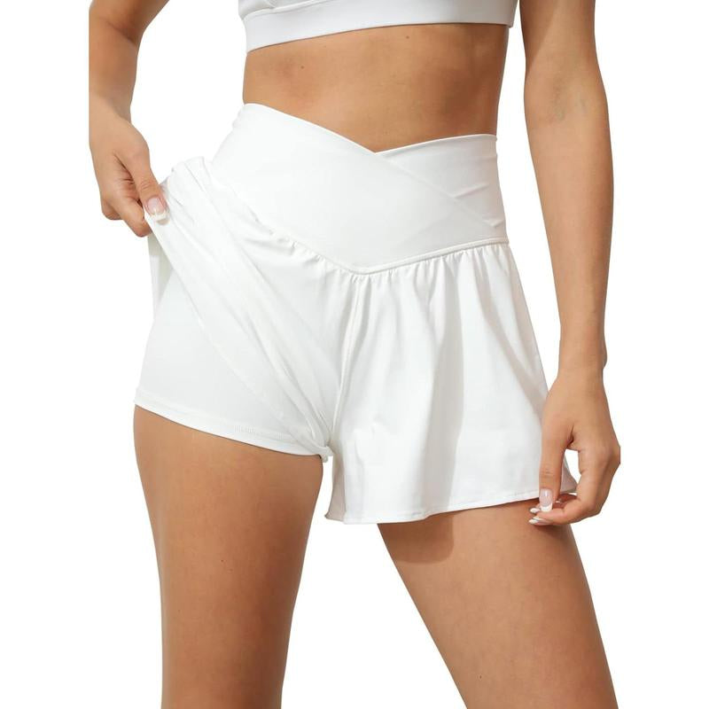 Fisace Women Crossover Shorts Flowy Athletic Butterfly 2 in 1 Shorts with Pocket High Waist Running Workout Skorts