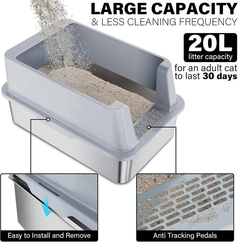 Stainless Steel Litter Box with Lid, XL Cat Litter Box High Sides, Anti-Urine Leakage Metal Litter Box Extra Large for Big Kitty, Multiple Cats, Never Absorbs Odors, Non-Stick, Easy Clean