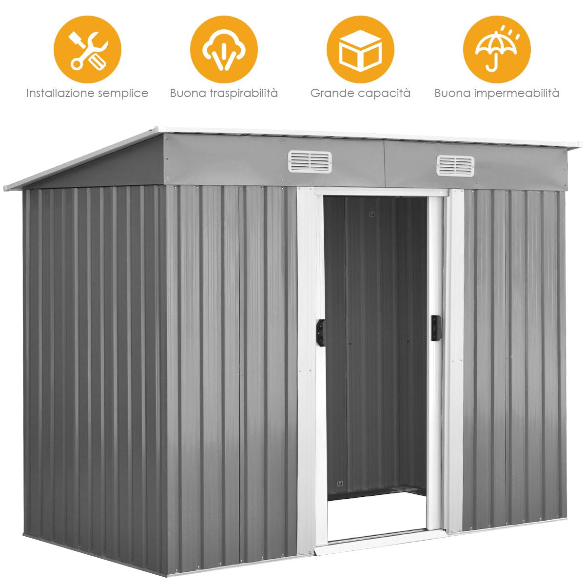 Casetta Da Giardino in Metallo Con Ante Scorrevoli E Maniglie, Casetta per Attrezzi 238X128X181Cm Grigio