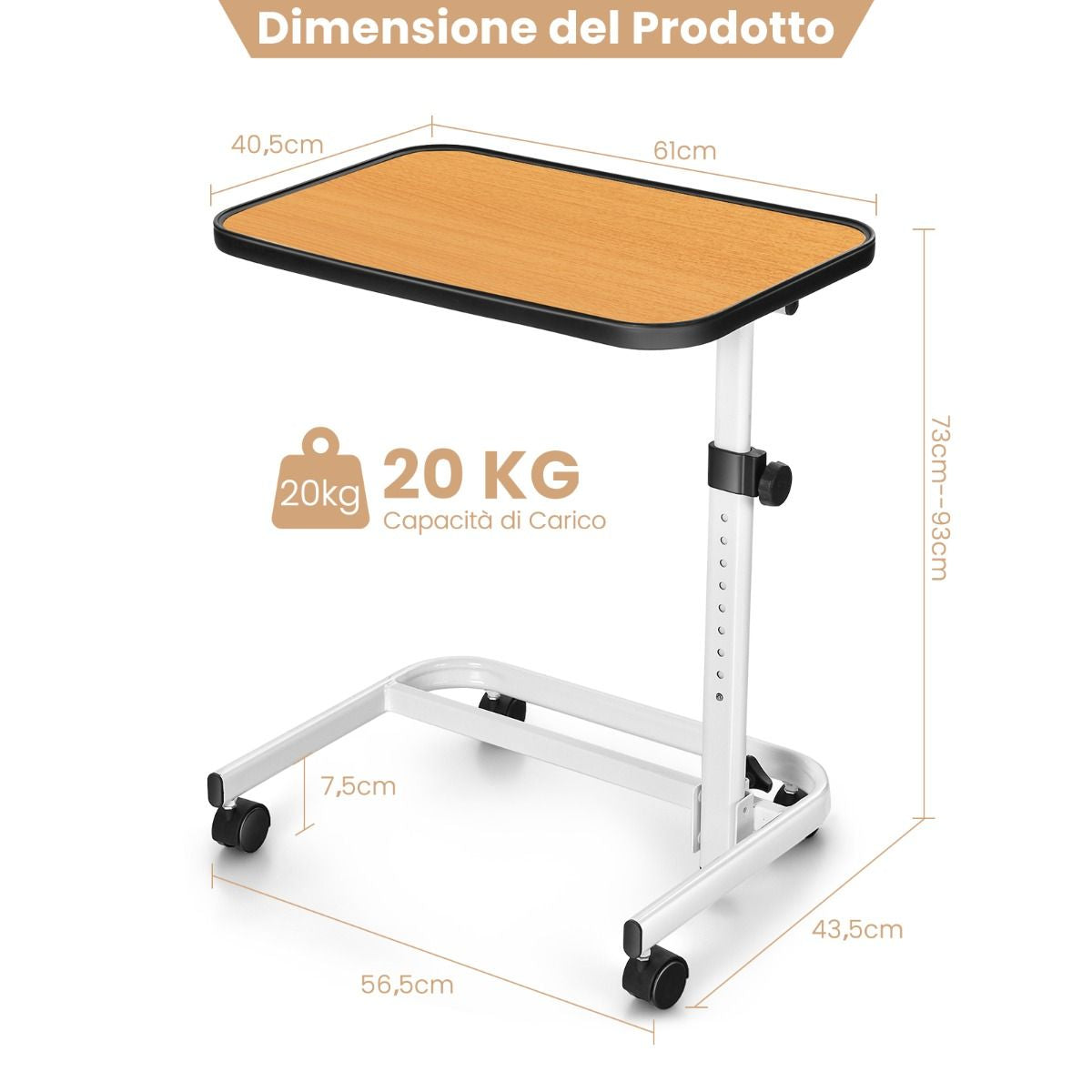 Tavolino Con Ruote Piroettanti Altezza Regolabile a 9 Posizioni Piano Inclinabile, Tavolino Porta PC 61X43,5X93Cm 2 Colori