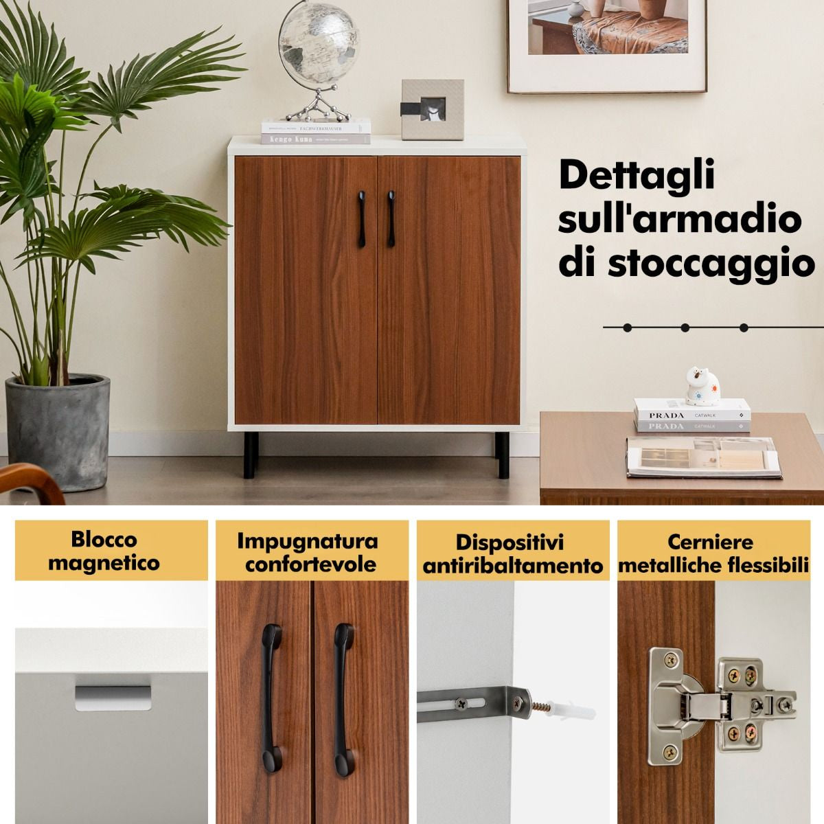 Credenza Cucina in Legno Con 2 Ante Ripiano Regolabile a 5 Posizioni, Mobile Buffet Portaoggetti Noce