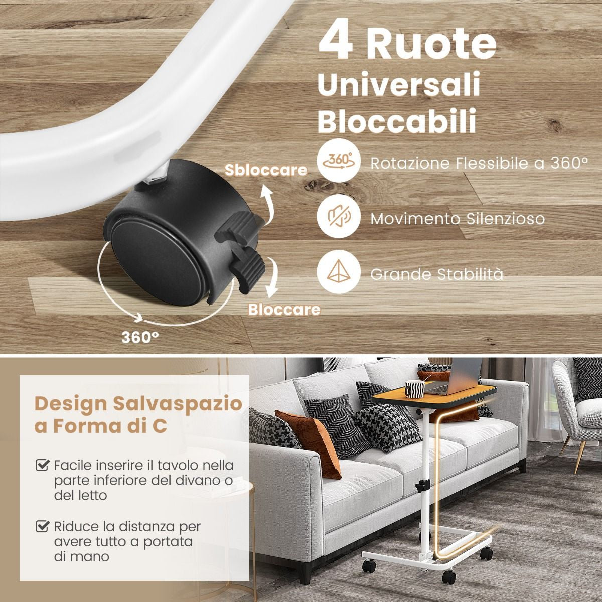 Tavolino Con Ruote Piroettanti Altezza Regolabile a 9 Posizioni Piano Inclinabile, Tavolino Porta PC 61X43,5X93Cm 2 Colori