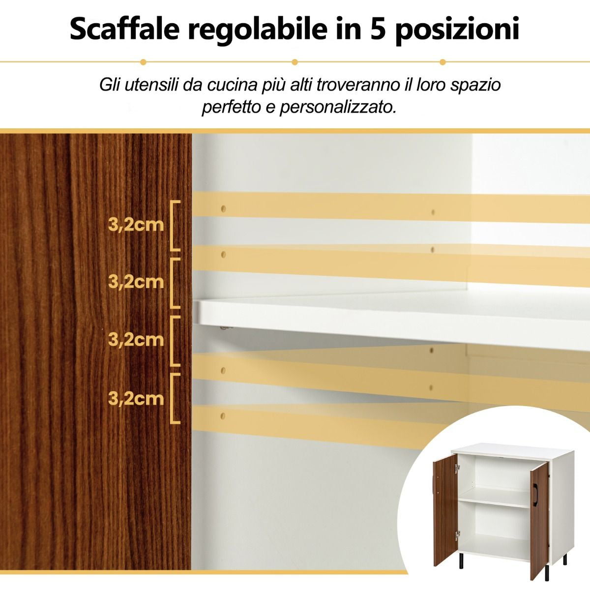 Credenza Cucina in Legno Con 2 Ante Ripiano Regolabile a 5 Posizioni, Mobile Buffet Portaoggetti Noce