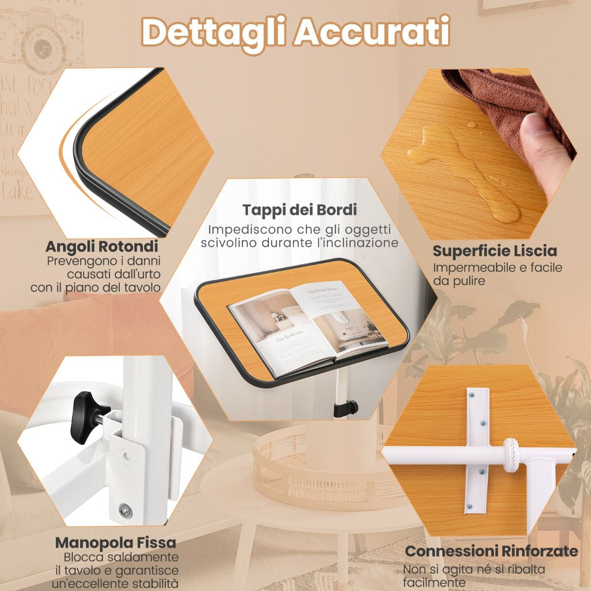 Tavolino Con Ruote Piroettanti Altezza Regolabile a 9 Posizioni Piano Inclinabile, Tavolino Porta PC 61X43,5X93Cm 2 Colori