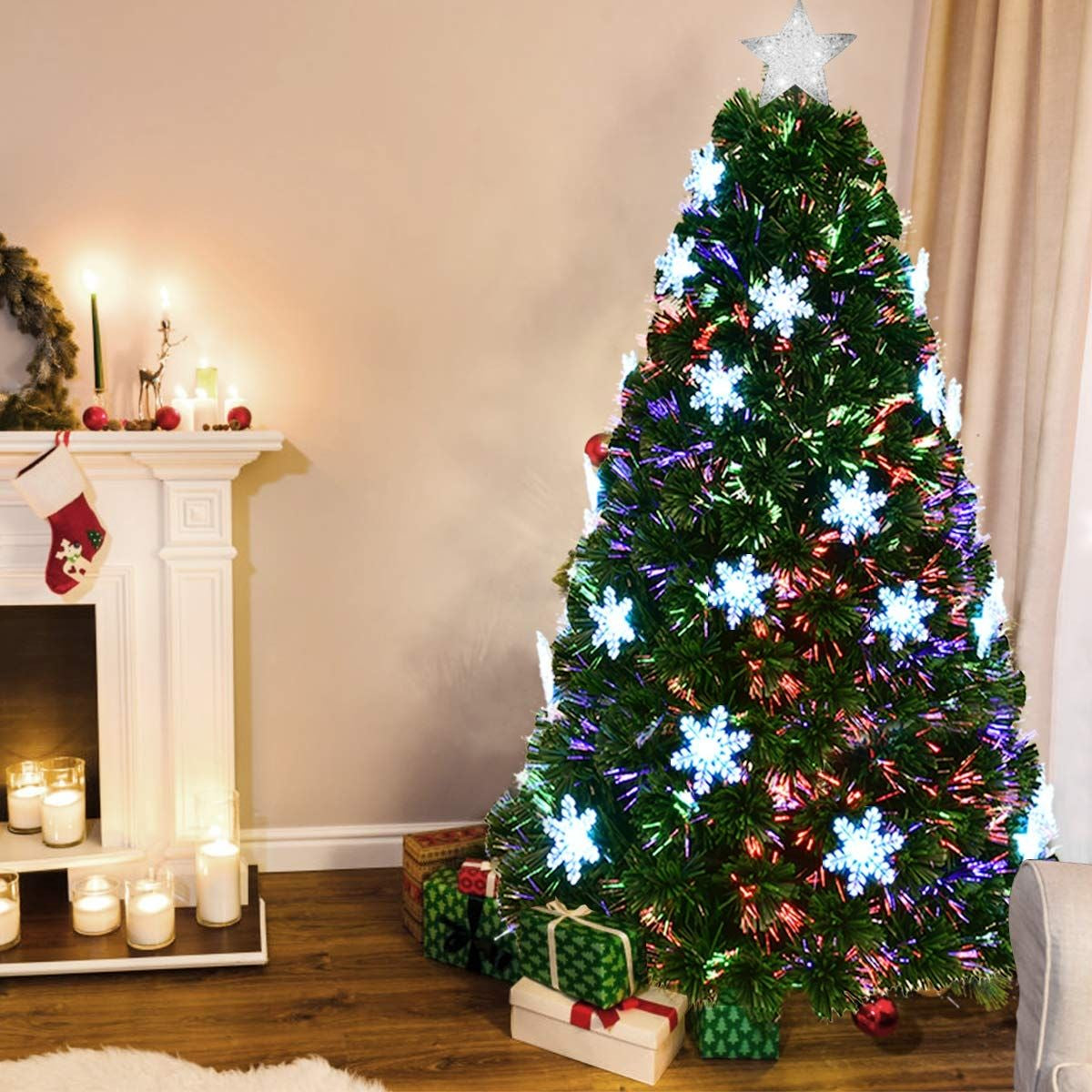 Albero Di Natale Artificiale 210Cm a LED Con Cambia Colori in Fibra Di Vetro Con 280 Rami, 40 Luci LED Fiocchi Di Neve E Stella