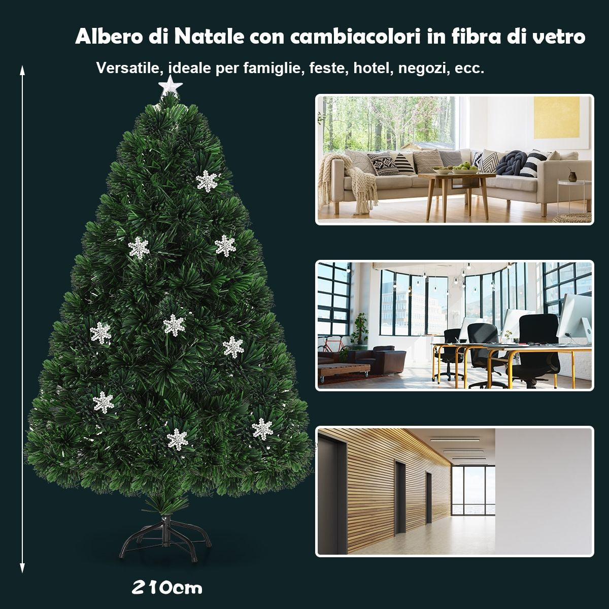 Albero Di Natale Artificiale 210Cm a LED Con Cambia Colori in Fibra Di Vetro Con 280 Rami, 40 Luci LED Fiocchi Di Neve E Stella