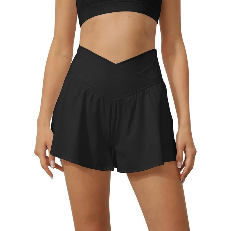 Fisace Women Crossover Shorts Flowy Athletic Butterfly 2 in 1 Shorts with Pocket High Waist Running Workout Skorts