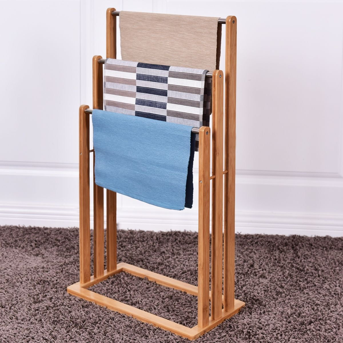 Porta Asciugamani in Legno Di Bambu Con 3 Barre in Acciaio Inox Da Terra 46X24X84Cm