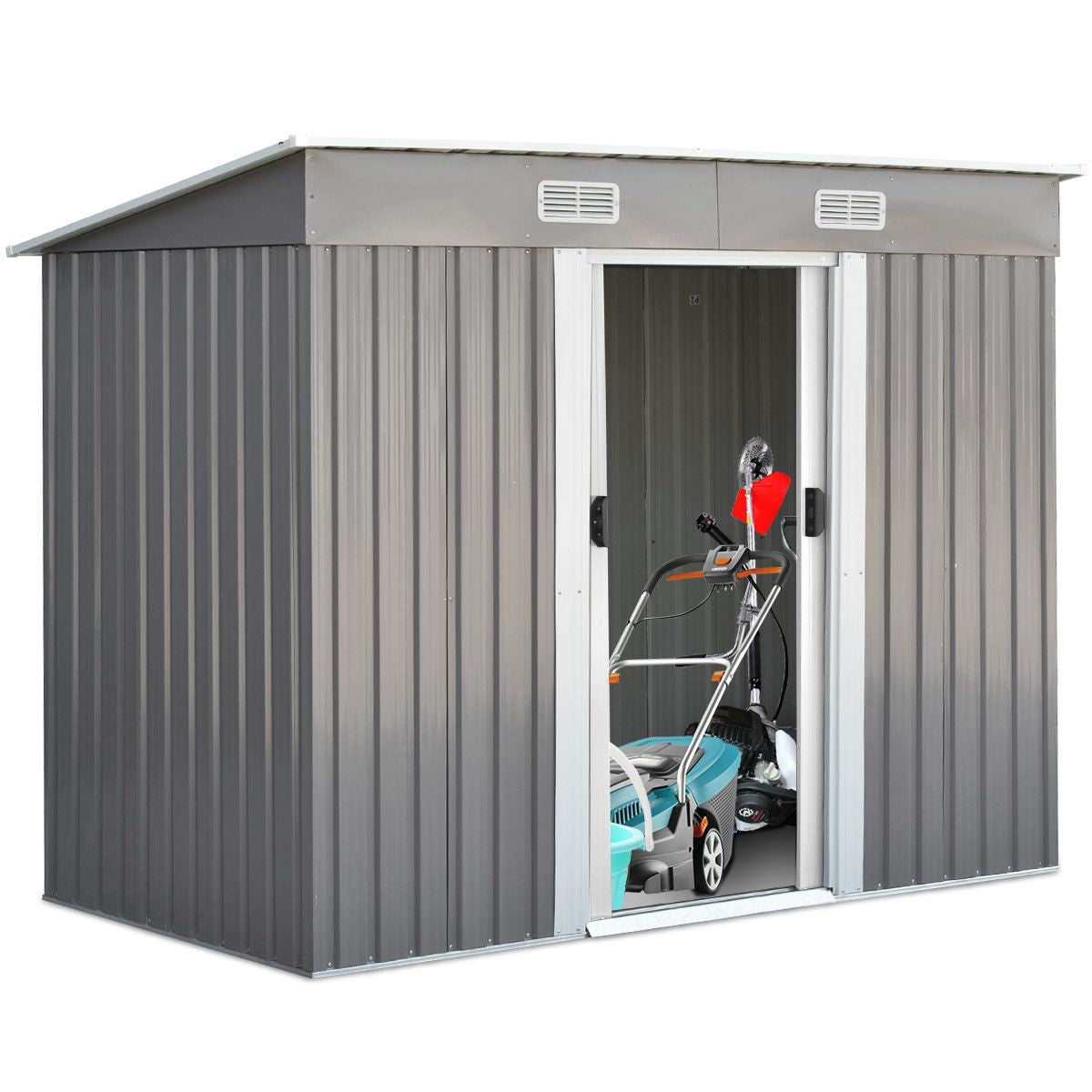 Casetta Da Giardino in Metallo Con Ante Scorrevoli E Maniglie, Casetta per Attrezzi 238X128X181Cm Grigio