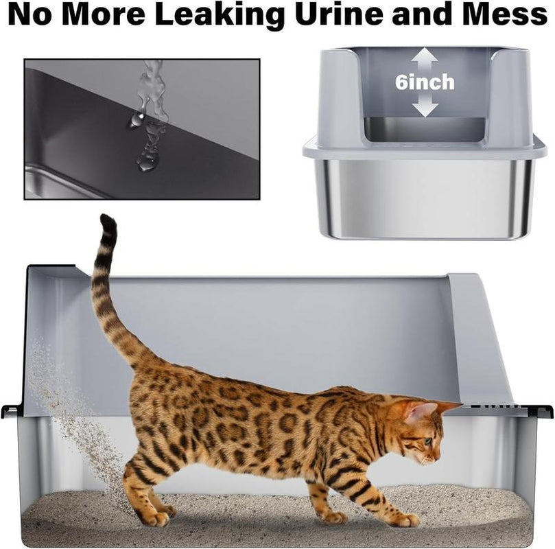 Stainless Steel Litter Box with Lid, XL Cat Litter Box High Sides, Anti-Urine Leakage Metal Litter Box Extra Large for Big Kitty, Multiple Cats, Never Absorbs Odors, Non-Stick, Easy Clean