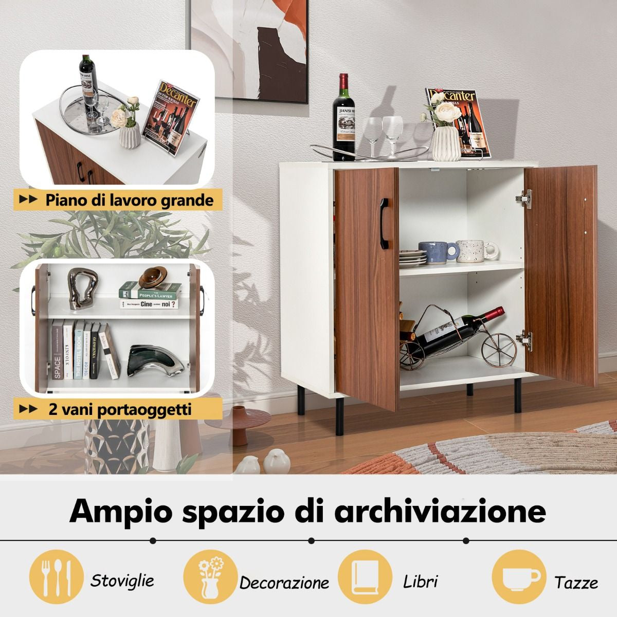 Credenza Cucina in Legno Con 2 Ante Ripiano Regolabile a 5 Posizioni, Mobile Buffet Portaoggetti Noce