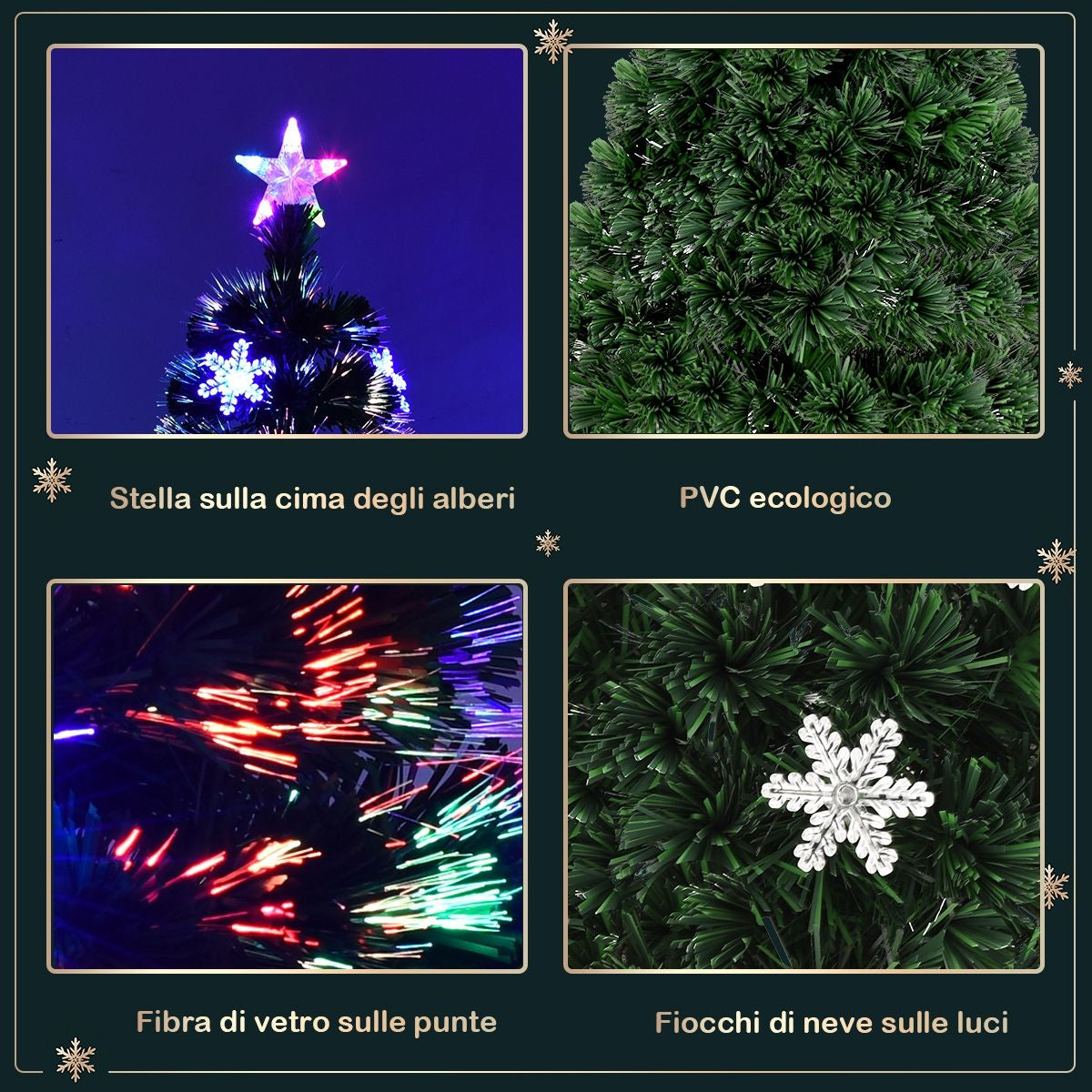 Albero Di Natale Artificiale 210Cm a LED Con Cambia Colori in Fibra Di Vetro Con 280 Rami, 40 Luci LED Fiocchi Di Neve E Stella