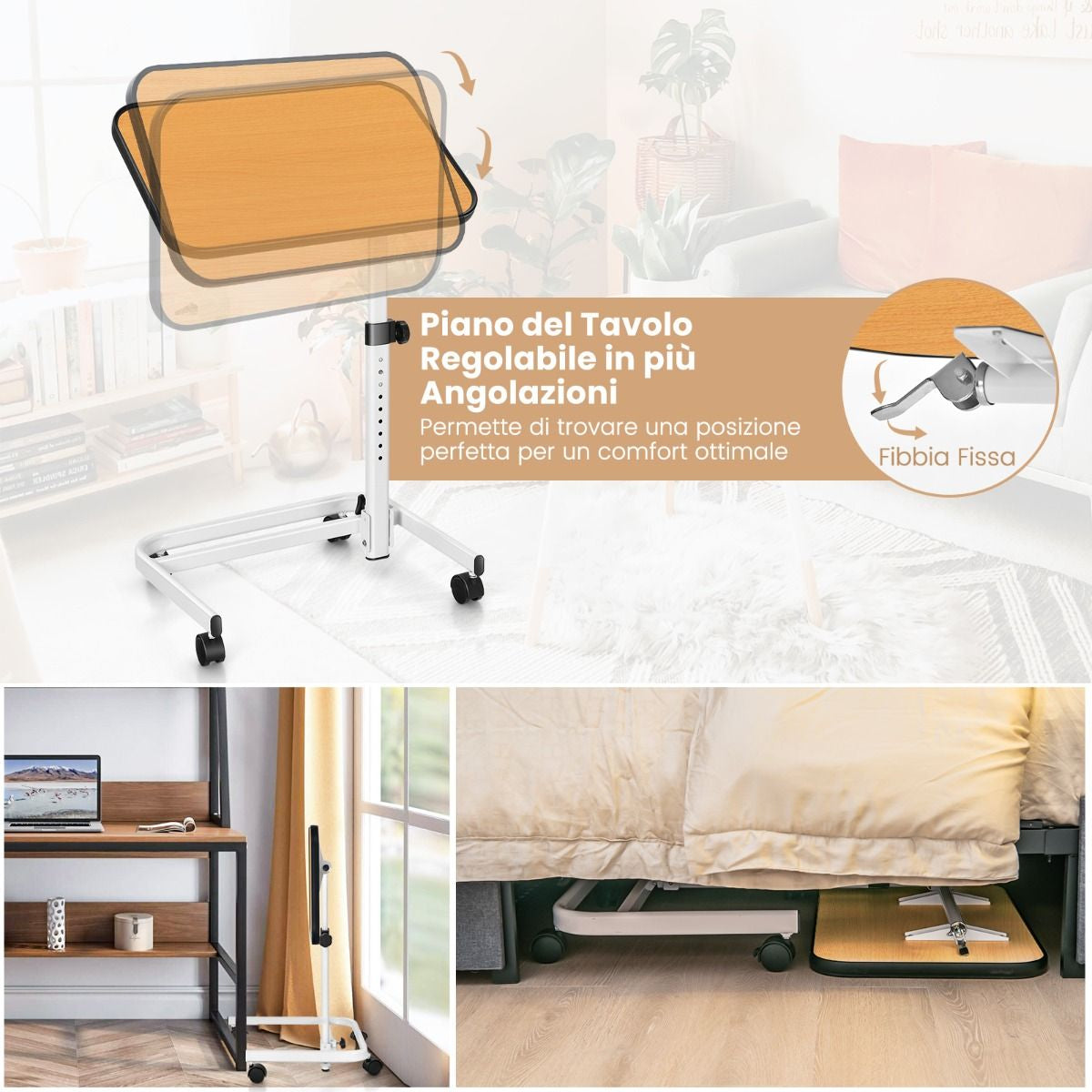 Tavolino Con Ruote Piroettanti Altezza Regolabile a 9 Posizioni Piano Inclinabile, Tavolino Porta PC 61X43,5X93Cm 2 Colori