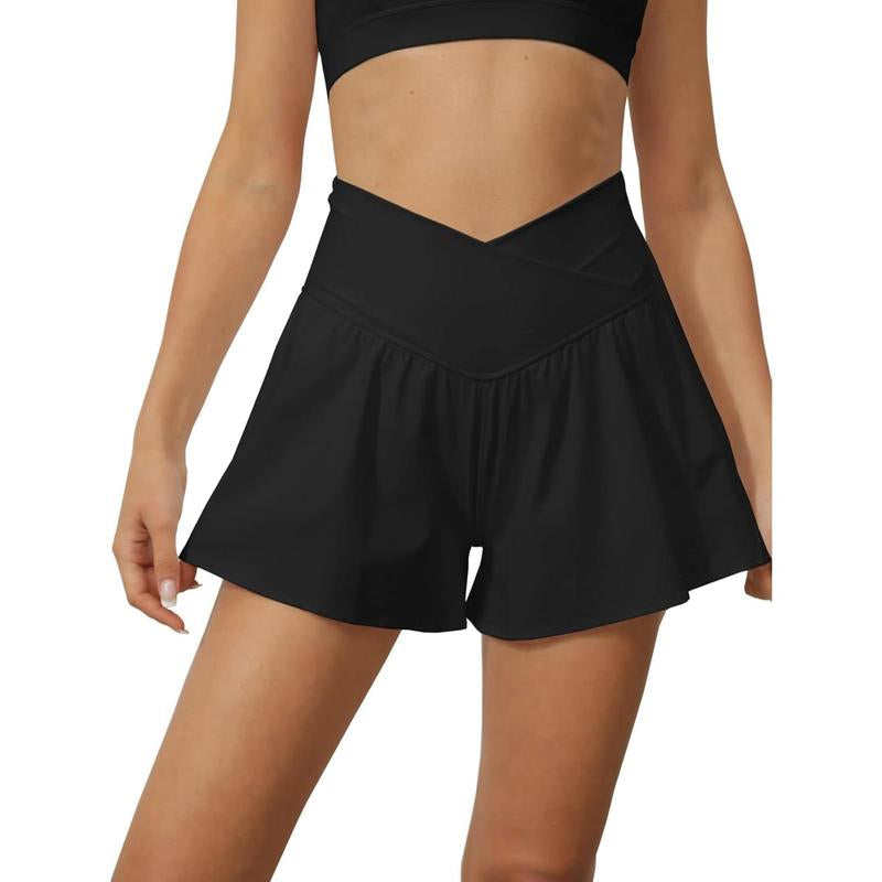 Fisace Women Crossover Shorts Flowy Athletic Butterfly 2 in 1 Shorts with Pocket High Waist Running Workout Skorts