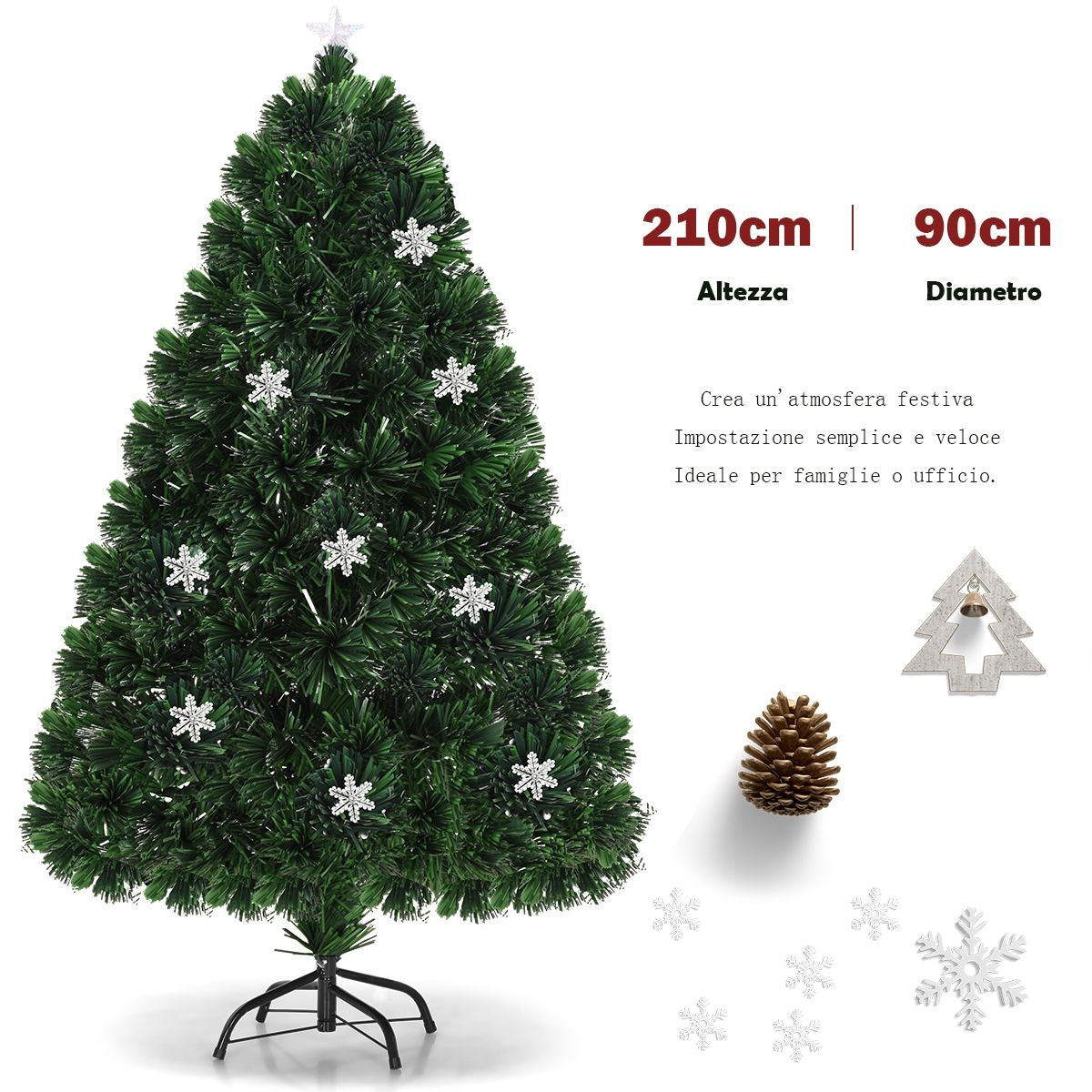 Albero Di Natale Artificiale 210Cm a LED Con Cambia Colori in Fibra Di Vetro Con 280 Rami, 40 Luci LED Fiocchi Di Neve E Stella