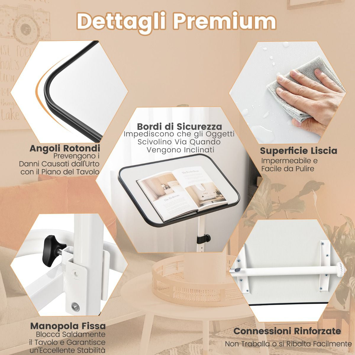 Tavolino Con Ruote Piroettanti Altezza Regolabile a 9 Posizioni Piano Inclinabile, Tavolino Porta PC 61X43,5X93Cm 2 Colori