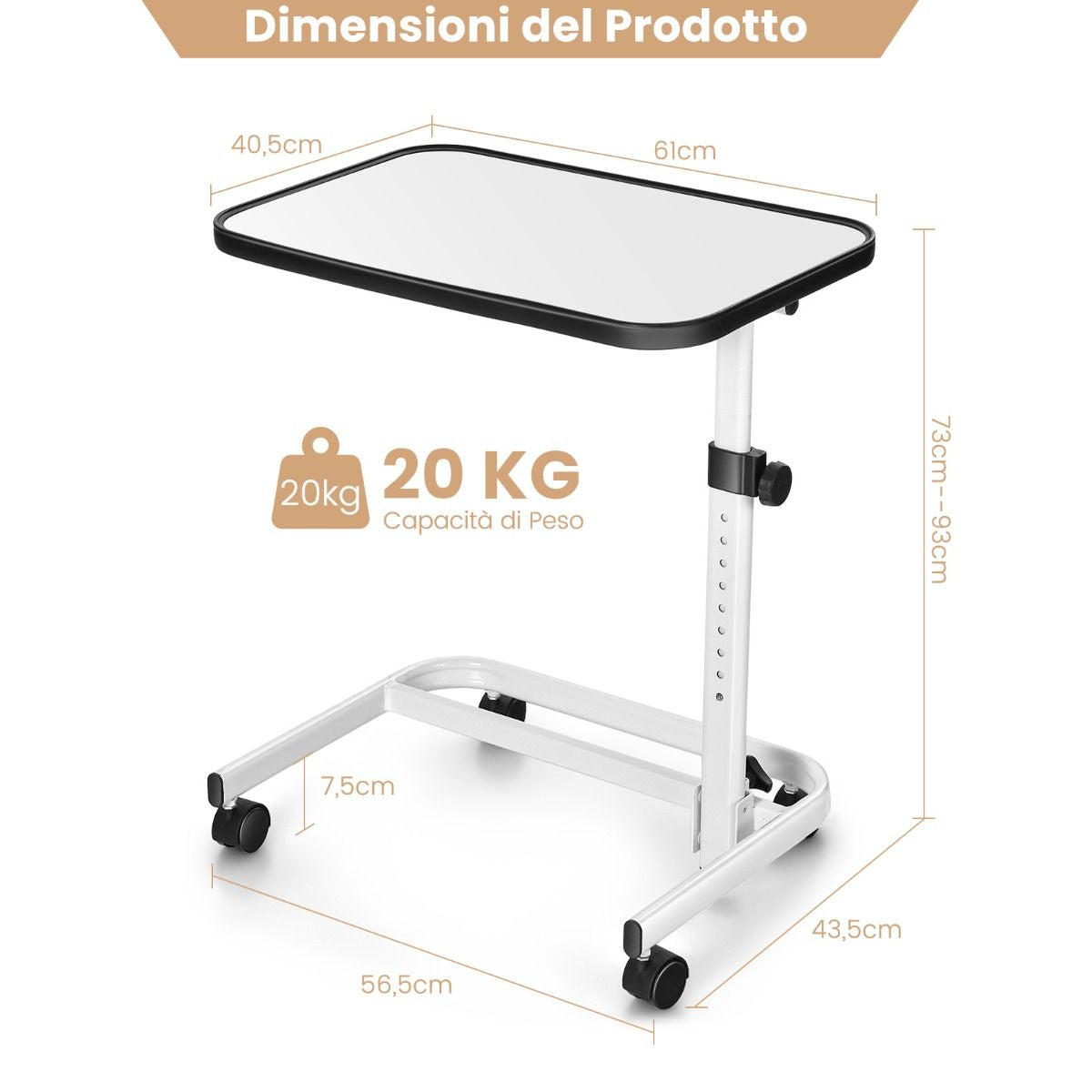 Tavolino Con Ruote Piroettanti Altezza Regolabile a 9 Posizioni Piano Inclinabile, Tavolino Porta PC 61X43,5X93Cm 2 Colori