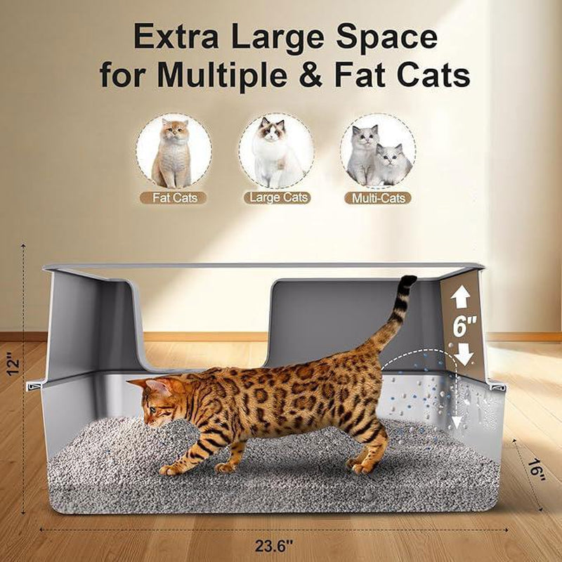 Stainless Steel Litter Box with Lid, XL Cat Litter Box High Sides, Anti-Urine Leakage Metal Litter Box Extra Large for Big Kitty, Multiple Cats, Never Absorbs Odors, Non-Stick, Easy Clean