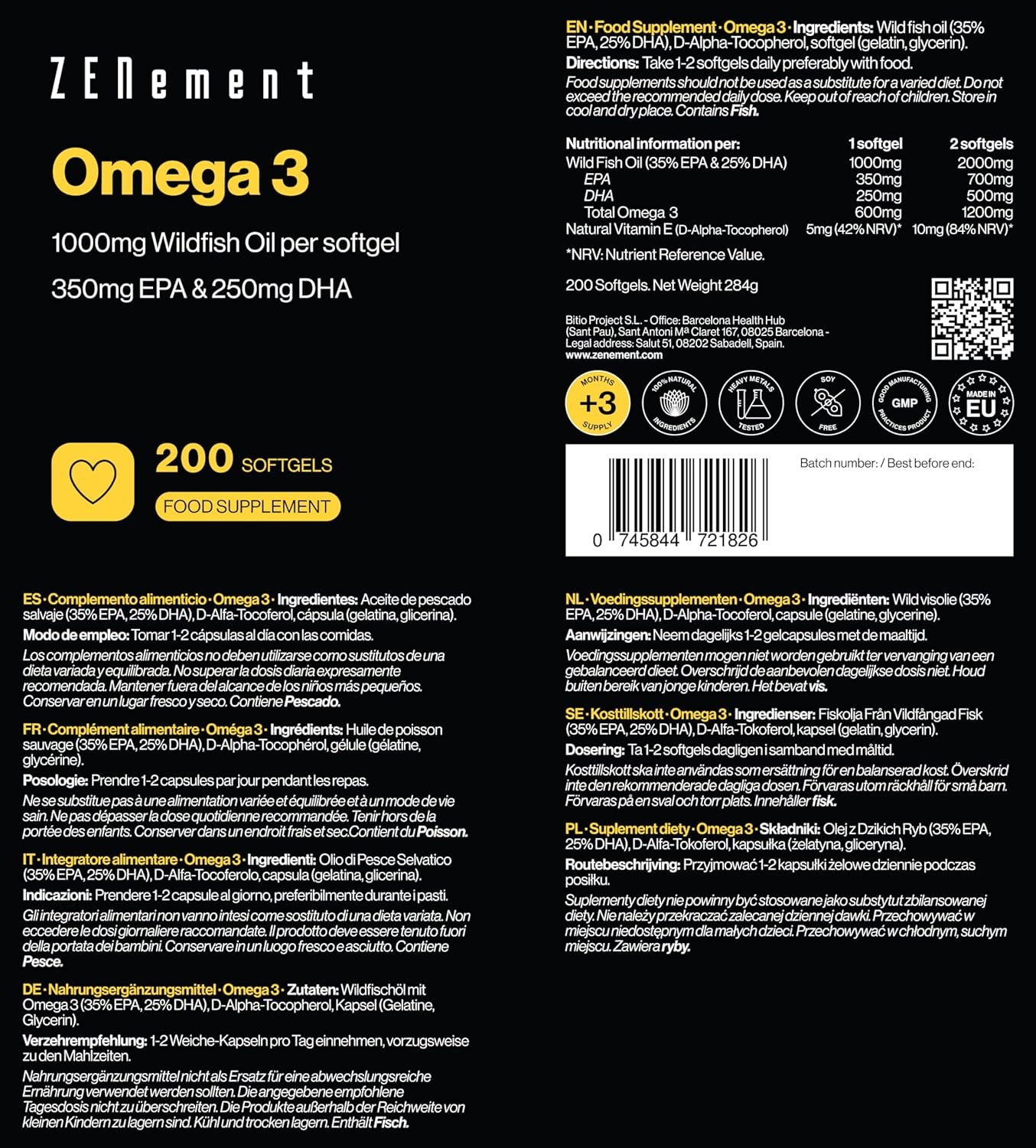 Omega 3, Olio Di Pesce Omega3 2000Mg Ad Alto Dosaggio Con 700 Mg EPA E 500 Mg DHA per Porzione, 200 Capsule Softgel - Acidi Grassi EPA DHA