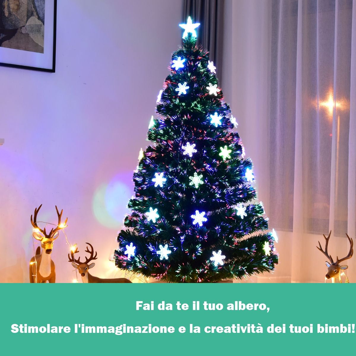 Albero Di Natale Artificiale 210Cm a LED Con Cambia Colori in Fibra Di Vetro Con 280 Rami, 40 Luci LED Fiocchi Di Neve E Stella