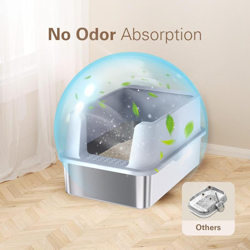 Stainless Steel Litter Box with Lid, XL Cat Litter Box High Sides, Anti-Urine Leakage Metal Litter Box Extra Large for Big Kitty, Multiple Cats, Never Absorbs Odors, Non-Stick, Easy Clean