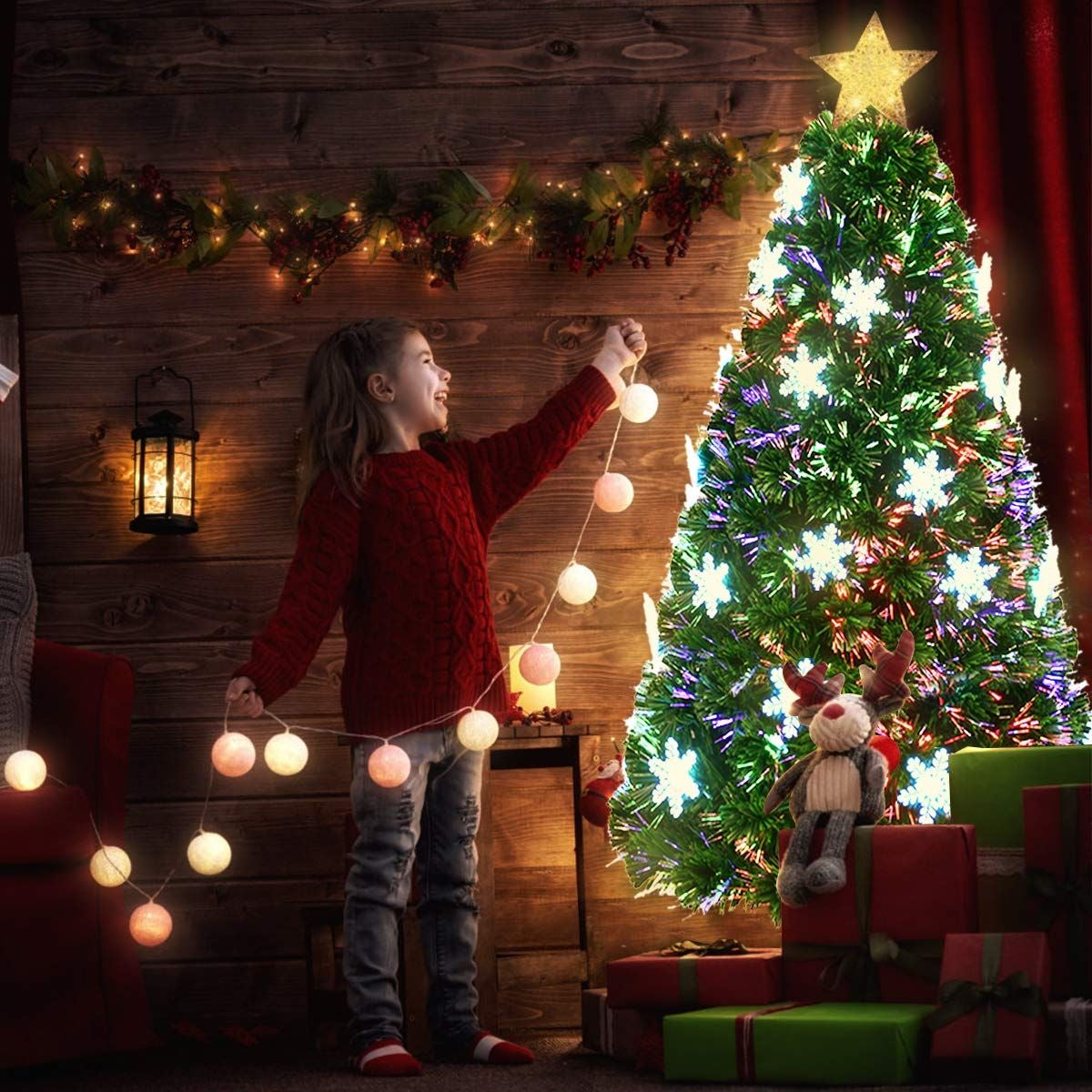 Albero Di Natale Artificiale 210Cm a LED Con Cambia Colori in Fibra Di Vetro Con 280 Rami, 40 Luci LED Fiocchi Di Neve E Stella