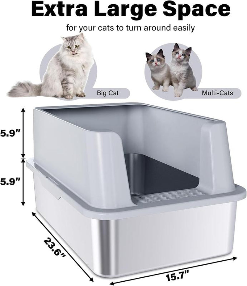 Stainless Steel Litter Box with Lid, XL Cat Litter Box High Sides, Anti-Urine Leakage Metal Litter Box Extra Large for Big Kitty, Multiple Cats, Never Absorbs Odors, Non-Stick, Easy Clean