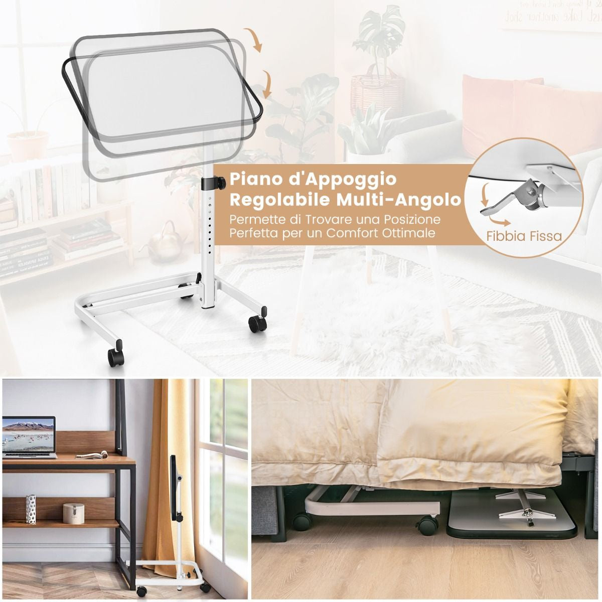 Tavolino Con Ruote Piroettanti Altezza Regolabile a 9 Posizioni Piano Inclinabile, Tavolino Porta PC 61X43,5X93Cm 2 Colori