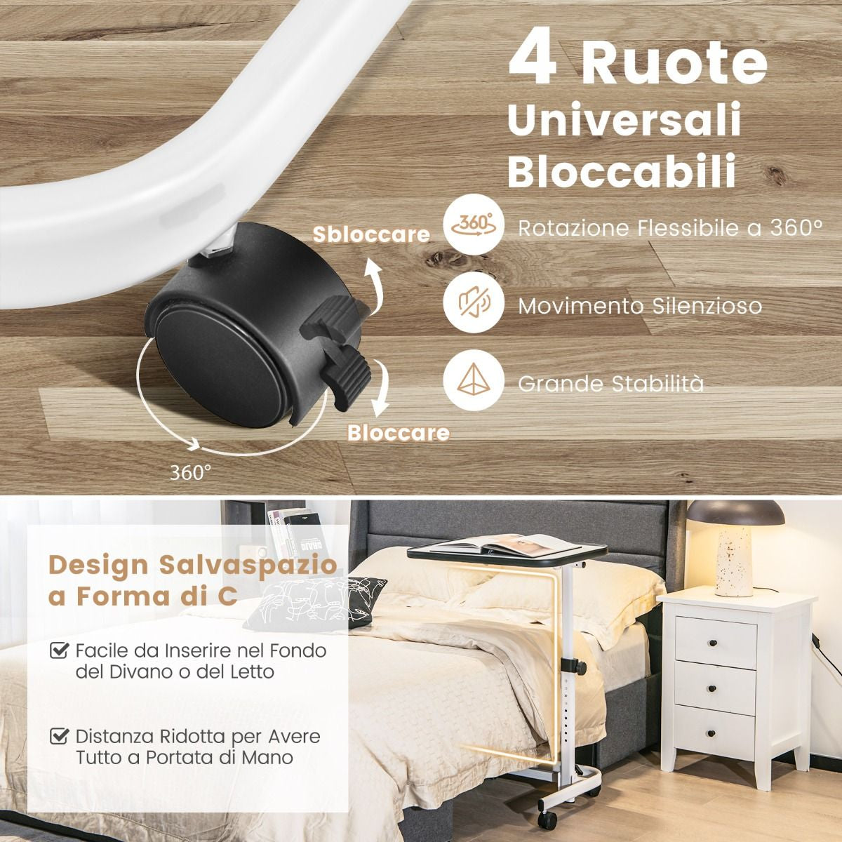 Tavolino Con Ruote Piroettanti Altezza Regolabile a 9 Posizioni Piano Inclinabile, Tavolino Porta PC 61X43,5X93Cm 2 Colori