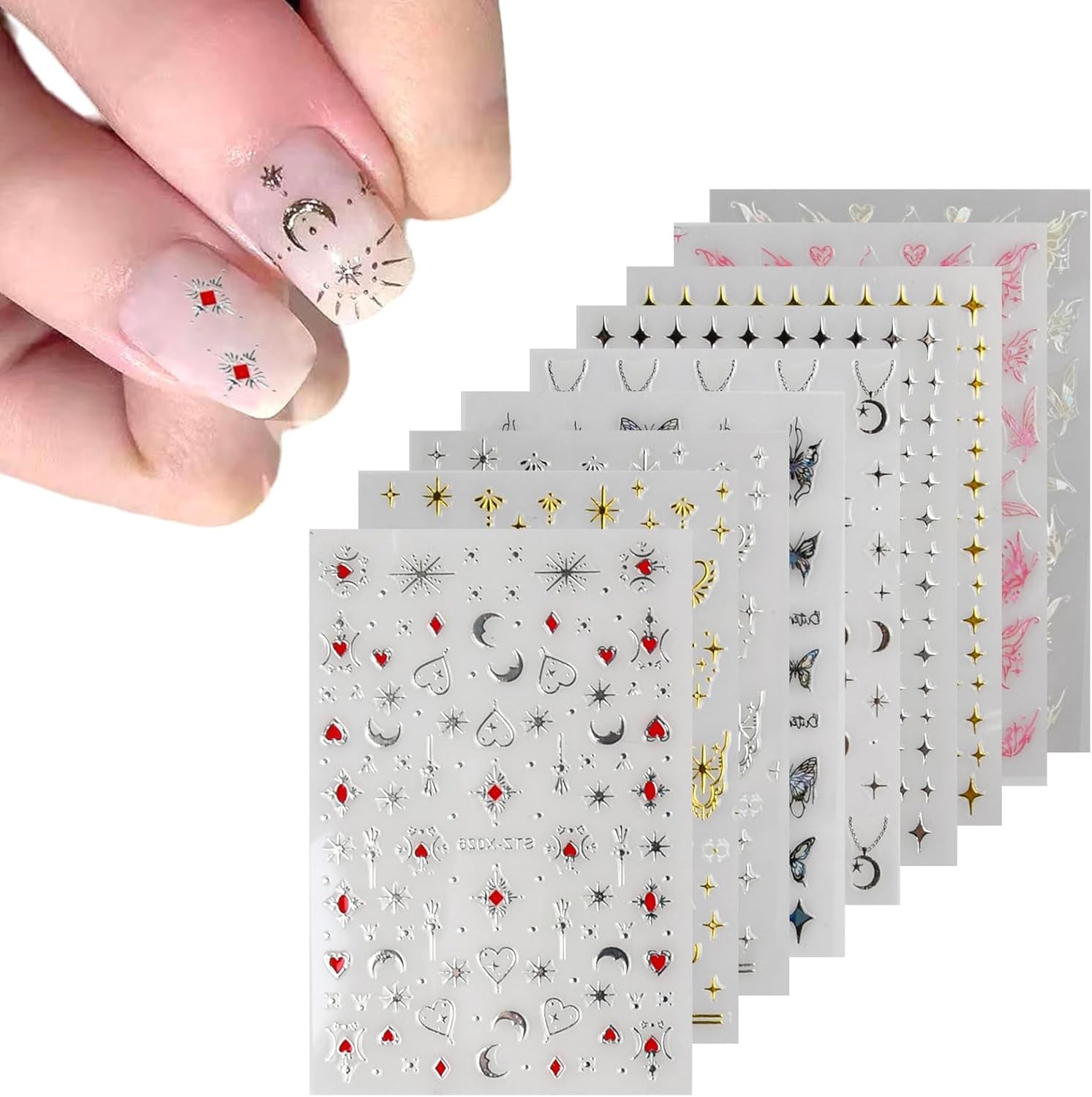 9 Fogli Adesivi Unghie, Stella Luna Sole Adesivi Oro Argento Nail Art, Laser Farfalle Stickers Unghie, Autoadesivi Decorazioni Unghie per Donna Ragazze Accessorio Nail Art Fai Da Te
