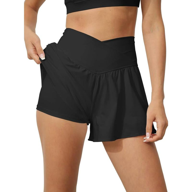 Fisace Women Crossover Shorts Flowy Athletic Butterfly 2 in 1 Shorts with Pocket High Waist Running Workout Skorts
