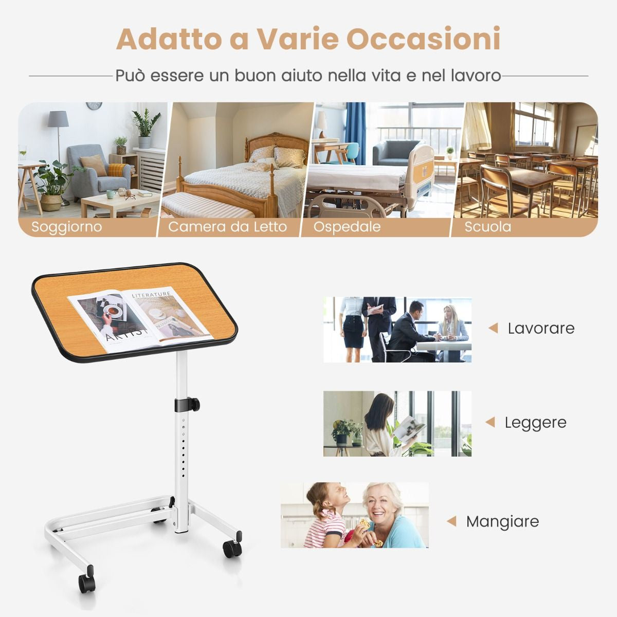 Tavolino Con Ruote Piroettanti Altezza Regolabile a 9 Posizioni Piano Inclinabile, Tavolino Porta PC 61X43,5X93Cm 2 Colori