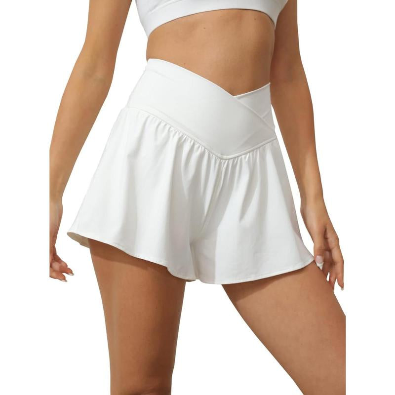 Fisace Women Crossover Shorts Flowy Athletic Butterfly 2 in 1 Shorts with Pocket High Waist Running Workout Skorts