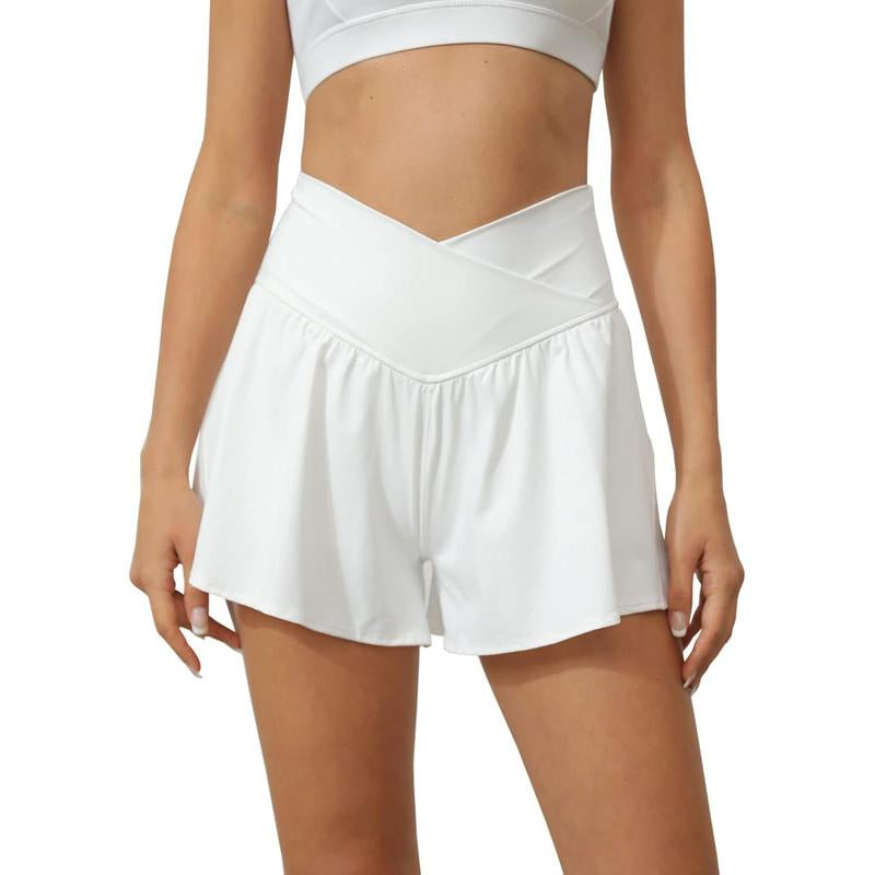 Fisace Women Crossover Shorts Flowy Athletic Butterfly 2 in 1 Shorts with Pocket High Waist Running Workout Skorts